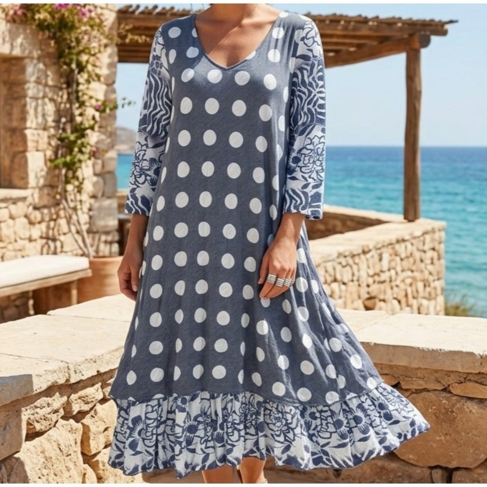 Tango Mango Layered A-Line Dress Size M Gray Polka Dot & Floral Artsy V-Neck